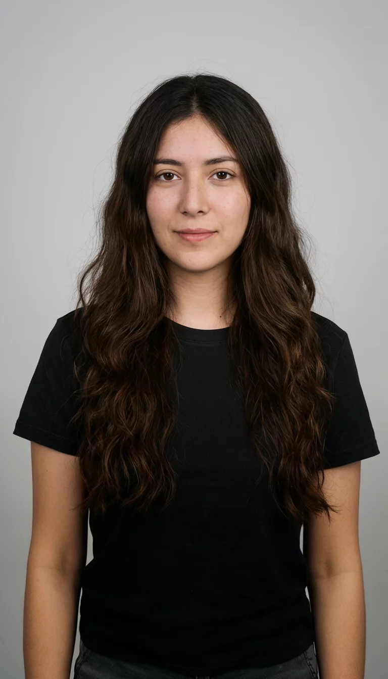 Velvet Midnight Espresso casual photo of a 30-year-old woman wearing a black t shirt with a dark brown colored long wavy hairstyle, front view, studio background