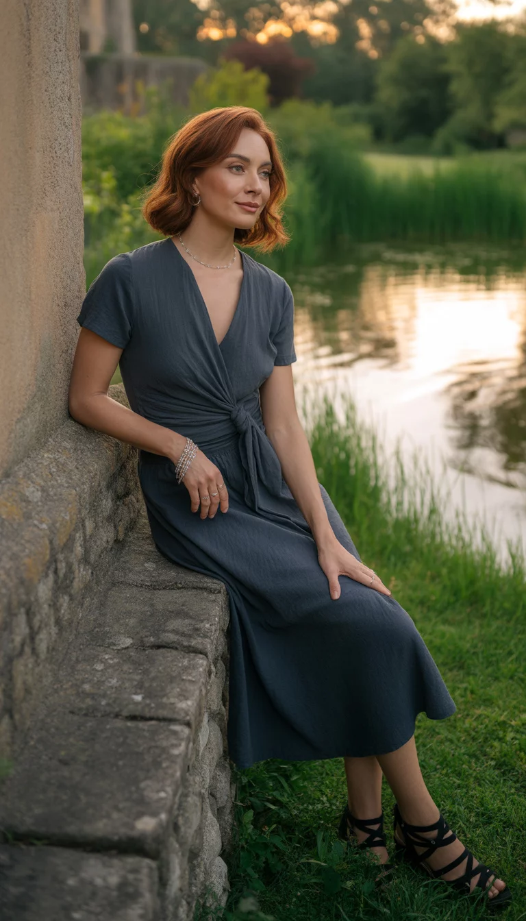 The Knotted Waist Grey Dress A beautiful 32-year-old woman in a dark grey knotted-waist midi dress, black strappy sandals, and delicate silver jewelry, posing by a stone wall near a pond.