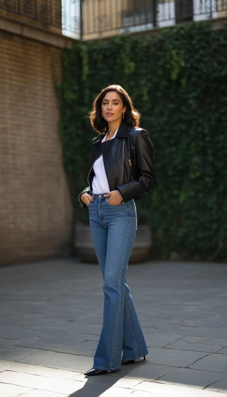 Cropped Jackets And High Waisted Flares A beautiful 27-year-old woman in a cropped black jacket, a crisp white top, blue high-waisted flared jeans, and black pointed-toe boots, posing in an urban courtyard.