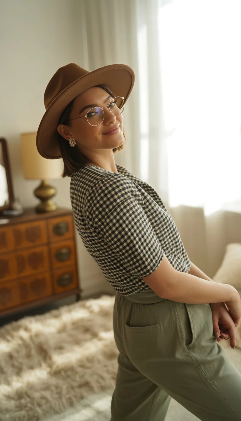 Gingham Tops And Olive Pants A beautiful 29-year-old woman in a black and white gingham top, high-waisted olive pants, a brown cowboy hat, and glasses, posing in a cozy bedroom.