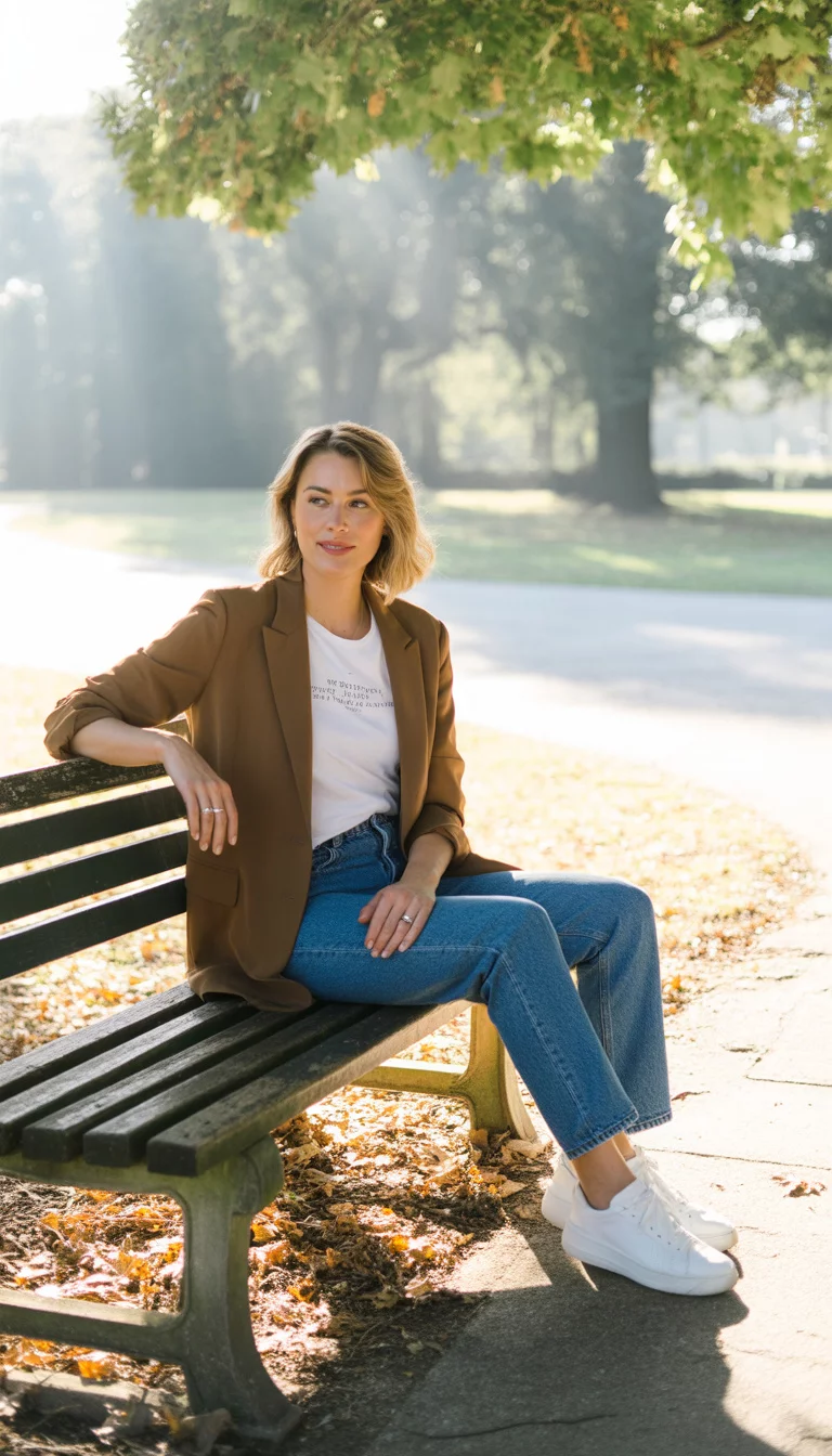 Casual Chic Brown Blazers A beautiful 38-year-old woman in a structured brown blazer, a white graphic tee, straight-leg blue jeans, and white sneakers, sitting on a wooden park bench.
