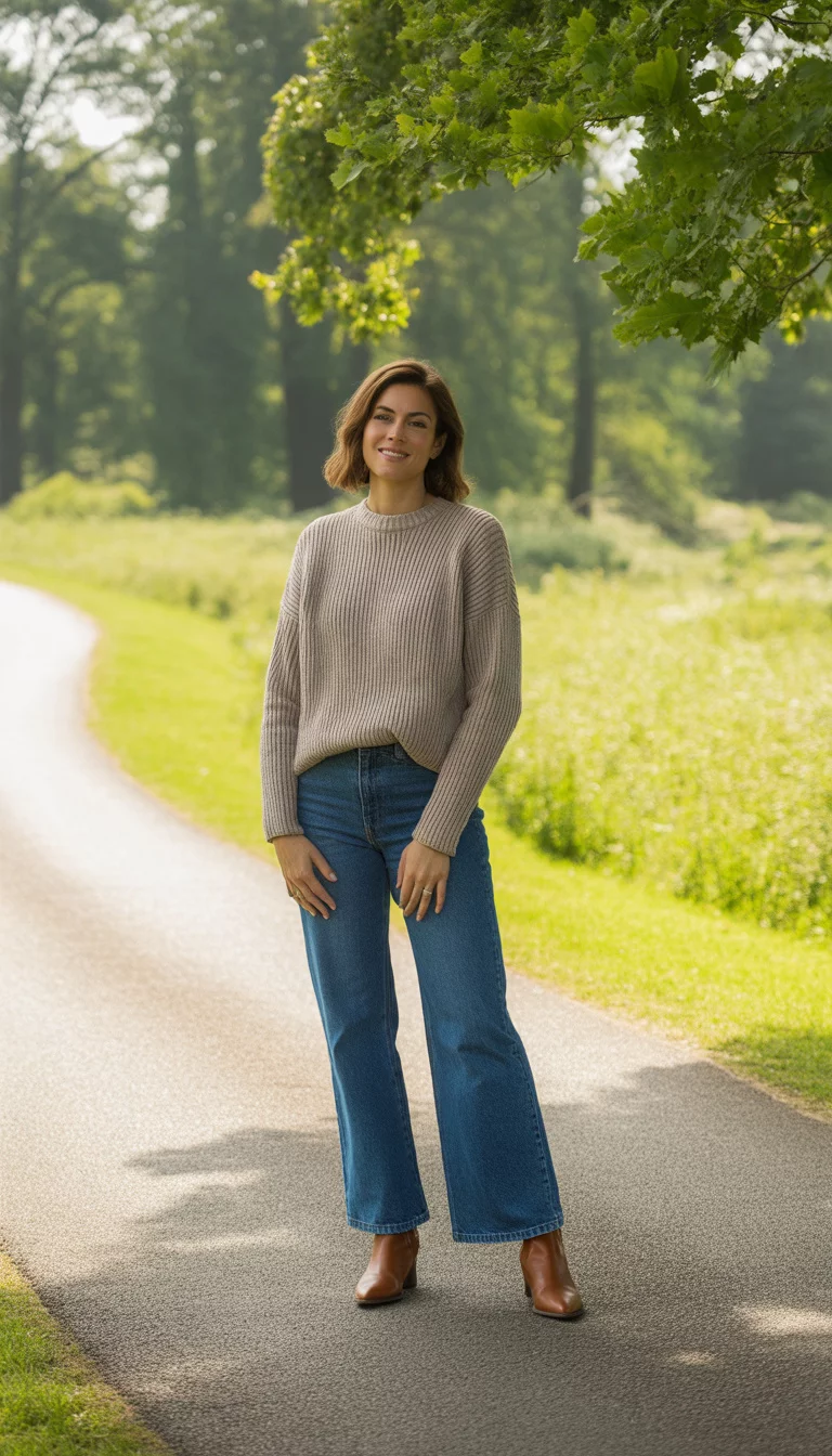 Ribbed Sweaters And Wide Leg Jeans A beautiful 30-year-old woman in a ribbed beige sweater, blue wide-leg jeans, and brown leather ankle boots, standing on a paved path in a grassy park.