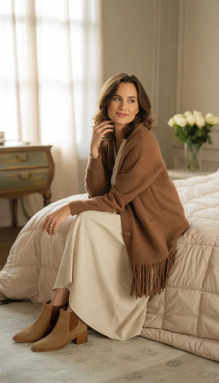 Cream Maxi Dresses And Fringed Cardigans A beautiful 34-year-old woman in a cream maxi dress, a brown fringed cardigan, and tan suede ankle boots, posing in a stylish bedroom setting.