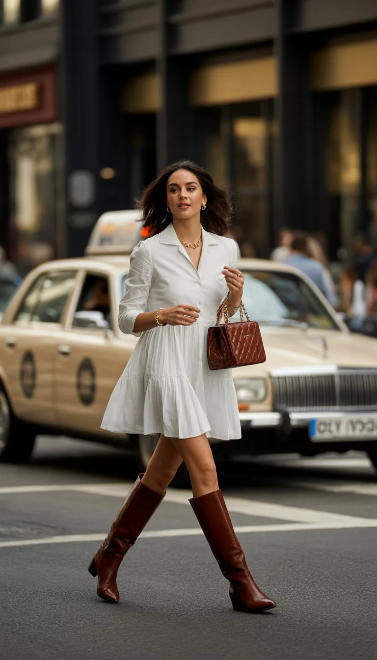 Tiered White Dresses And Brown Boots A beautiful 26-year-old woman in a white tiered mini-dress, tall brown leather boots, a brown quilted handbag, and gold jewelry, walking across a city street.