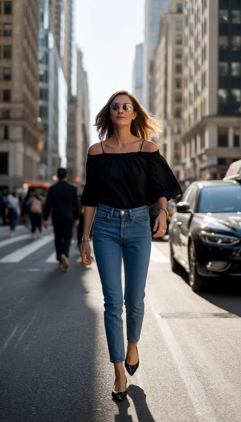 Off The Shoulder City Chic A beautiful 29-year-old woman in a flowy off-the-shoulder black top, slim blue jeans, black ballet flats, and oval sunglasses, walking confidently down a busy city street with tall buildings.