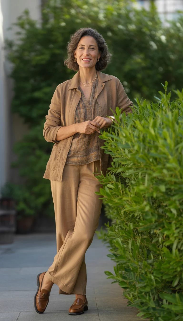 Monochromatic Tans For The Mature Stylist A beautiful 48-year-old woman in a tan jacket, a printed Earth-tone top, tan wide-leg pants, and brown leather loafers, posing outdoors near a green hedge.