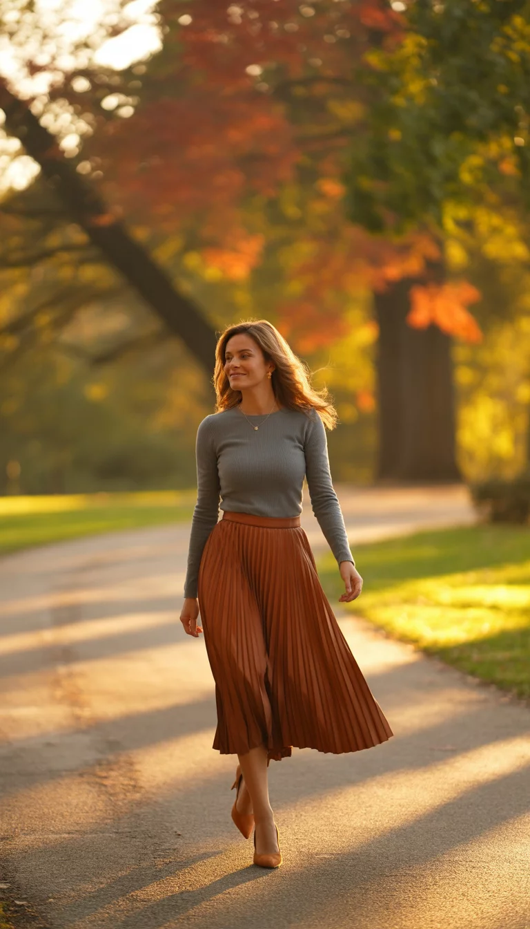 Burnt Orange Pleats And Grey Knits A beautiful 33-year-old woman in a grey long-sleeve knit top, a burnt orange pleated midi skirt, and tan suede pumps, walking through a park with autumn trees.