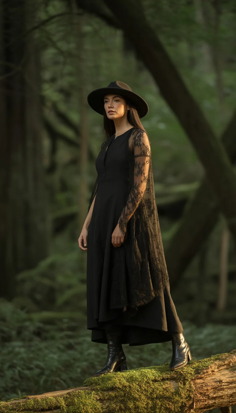 Patterned Overlays And Wide Brimmed Hats A beautiful 28-year-old woman in a black dress with a lace patterned overlay, a wide-brimmed black wool hat, and black leather boots, standing on a log in a forest.
