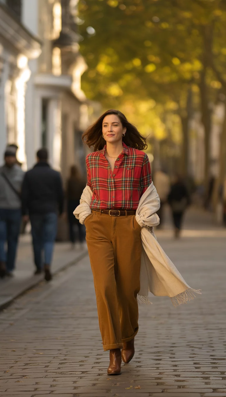 Red Plaid And Tan Corduroy A beautiful 35-year-old woman in a red plaid shirt, tan corduroy pants, a cream scarf draped over her shoulders, and brown leather boots, walking down a street.