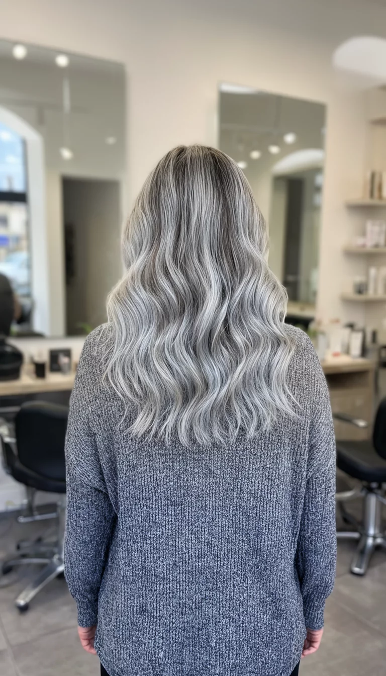 casual photo of a 39-year-old woman wearing a grey sweater with a silver blonde colored balayage hairstyle, back view, salon background