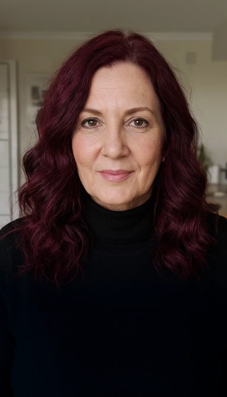casual photo of a 48-year-old woman wearing a black turtleneck with a deep burgundy colored wavy hairstyle, front view, indoor background
