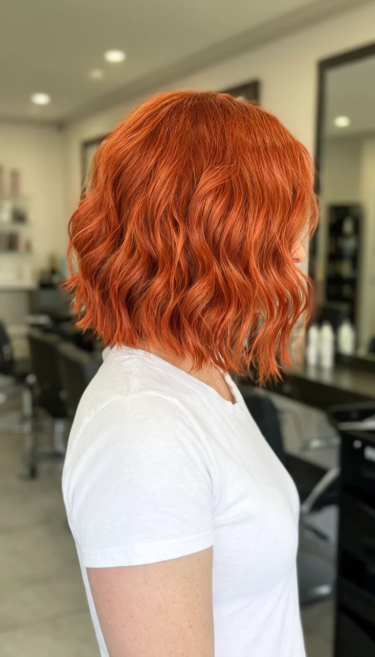 casual photo of a 38-year-old woman wearing a white t-shirt with a bright copper-red colored wavy hairstyle, side view, salon background