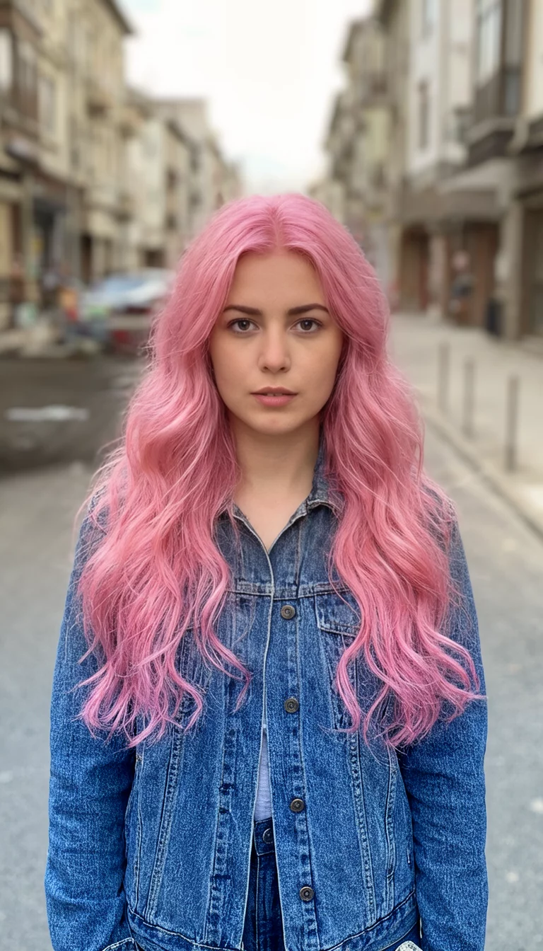 casual photo of a 22-year-old woman wearing a denim jacket with a pink colored long wavy hairstyle, front view, street background