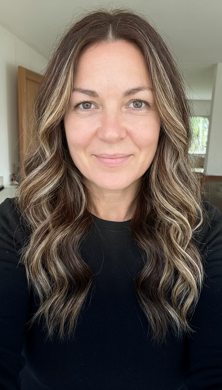 selfie of a 30-year-old woman wearing a black top with a brown with light streaks colored wavy hairstyle, front view, indoor background