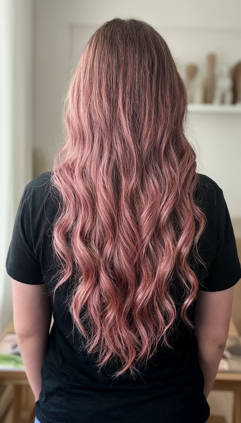 casual photo of a 31-year-old woman wearing a black shirt with a rose gold colored long wavy hairstyle, back view, indoor background
