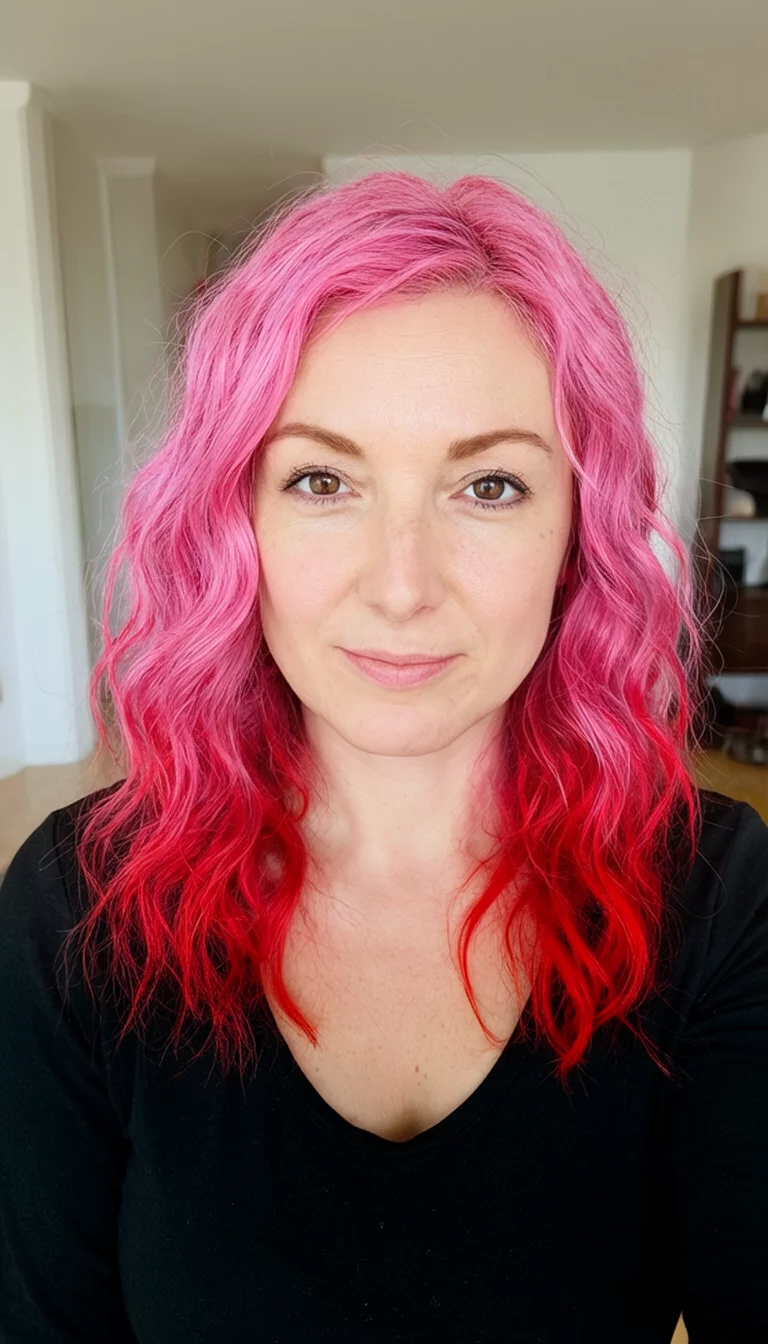 selfie of a 34-year-old woman wearing a black top with a pink and red colored wavy hairstyle, front view, indoor background