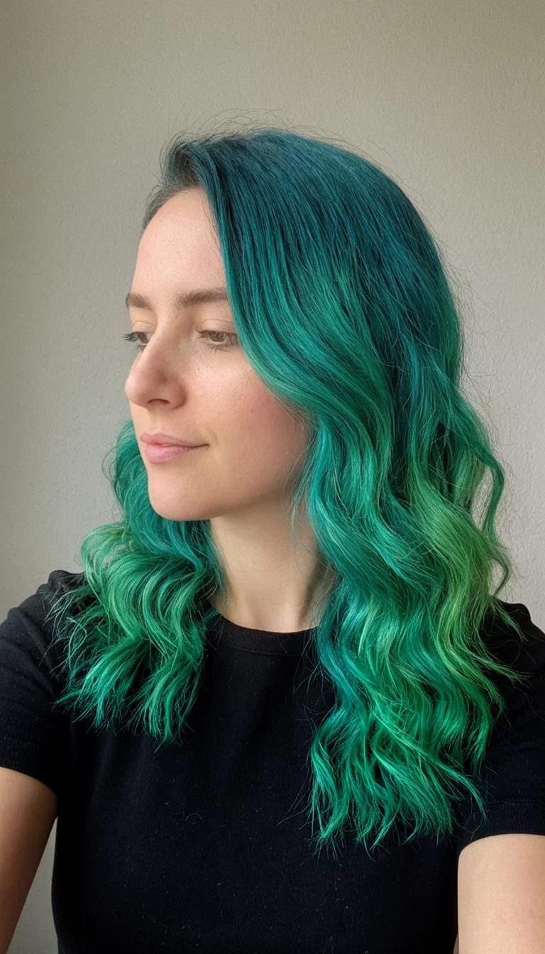 selfie of a 25-year-old woman wearing a black top with a teal and green ombre colored wavy hairstyle, side view, neutral background