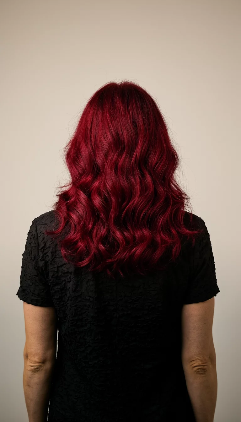 casual photo of a 43-year-old woman wearing a black textured top with a deep red colored wavy hairstyle, back view, plain background