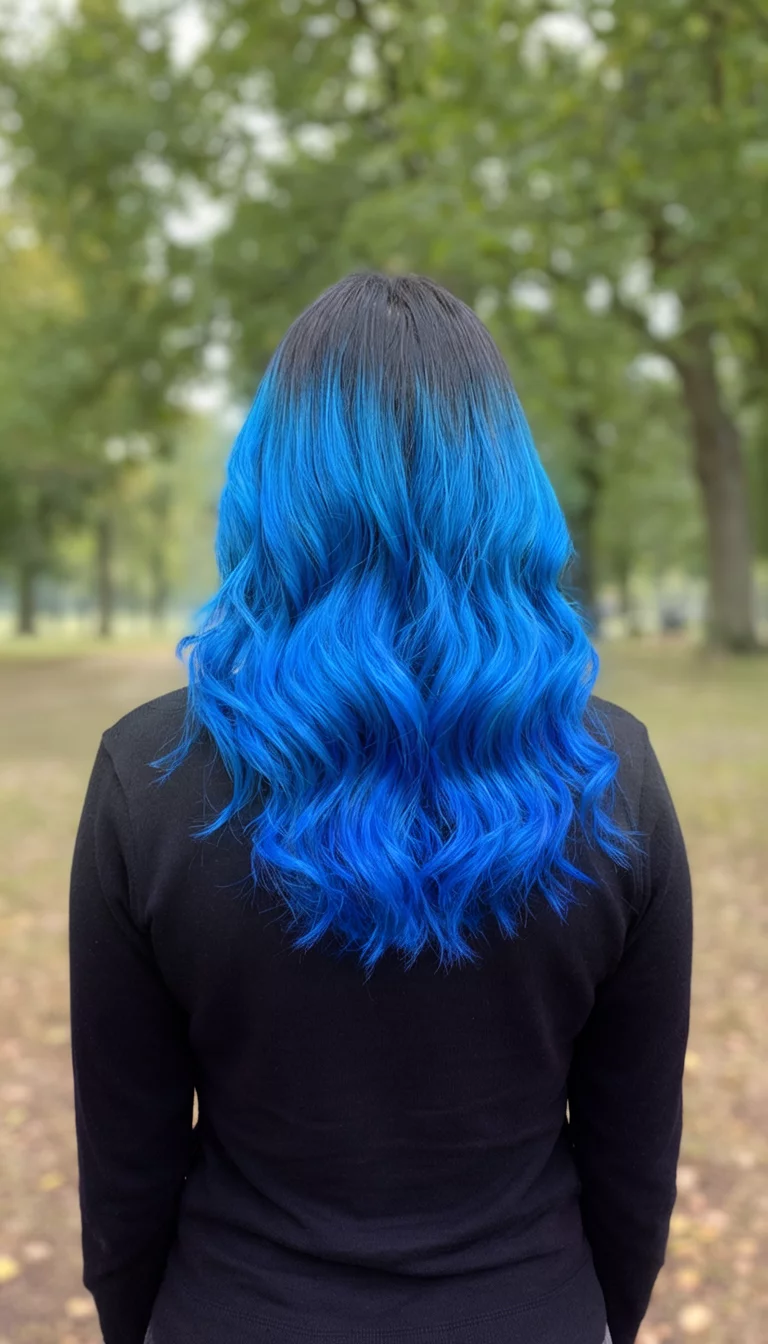 casual photo of a 24-year-old woman wearing a black top with a bright blue ombre colored wavy hairstyle, back view, outdoor background