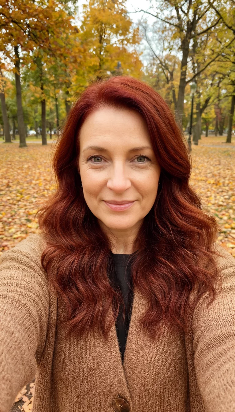 selfie of a 37-year-old woman wearing a tan cardigan with a rich auburn colored wavy hairstyle, front view, autumn park background