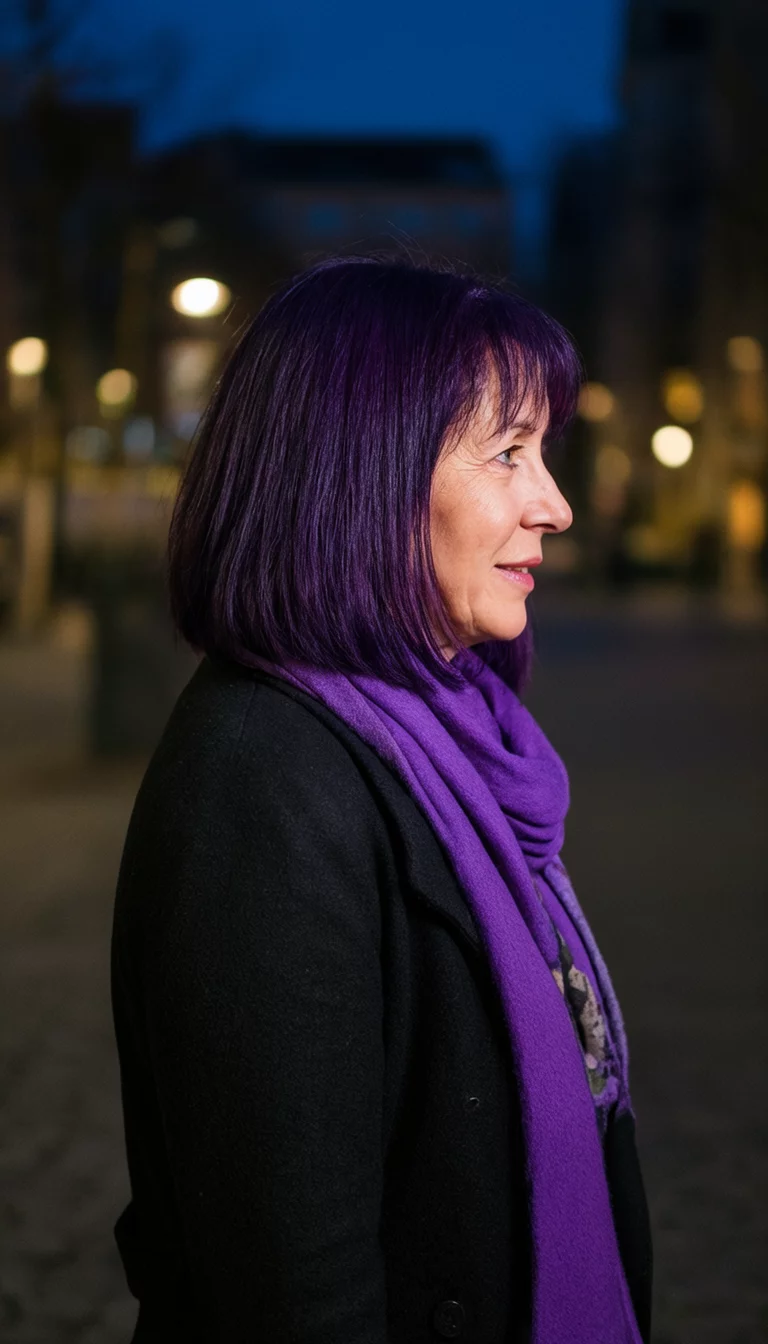casual photo of a 42-year-old woman wearing a purple scarf and black coat with a dark purple colored straight hairstyle, side view, evening background