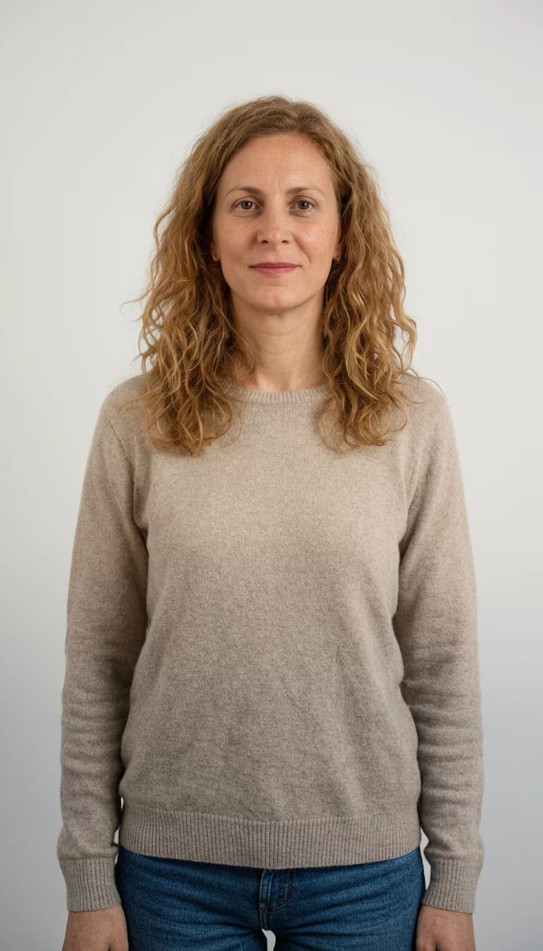 casual photo of a 33-year-old woman wearing a simple sweater with a light brown colored wavy hairstyle, front view, studio background