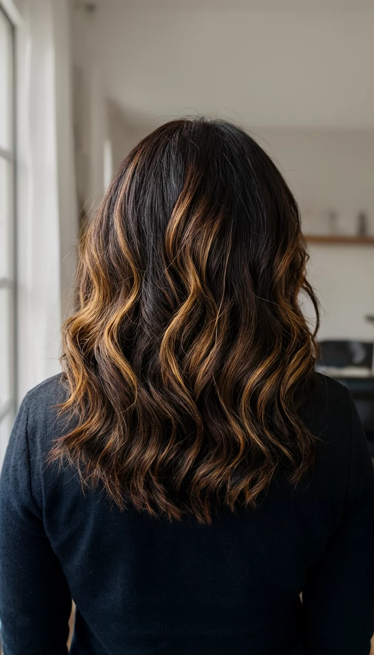 casual photo of a 36-year-old woman wearing a dark top with a dark brown with caramel highlights colored wavy hairstyle, back view, indoor background