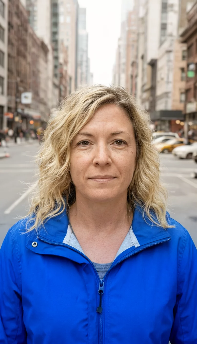 casual photo of a 35-year-old woman wearing a blue jacket with a blonde colored wavy hairstyle, front view, city background