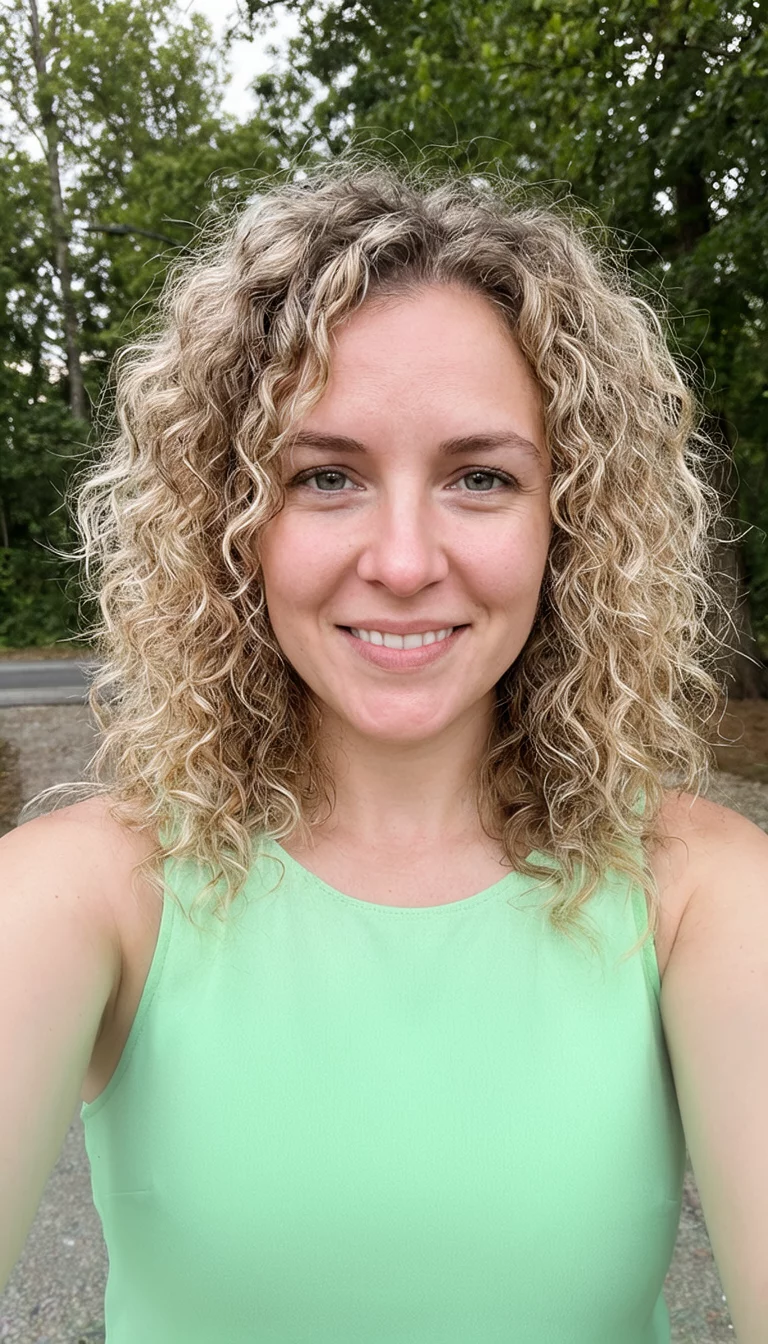selfie of a 27-year-old woman wearing a light green sleeveless top with a blonde and light brown colored curly hairstyle, front view, outdoor background