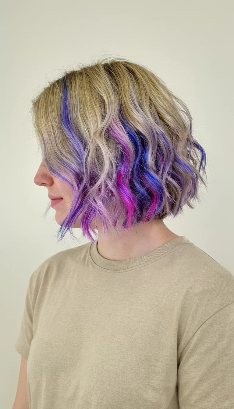 casual photo of a 23-year-old woman wearing a neutral shirt with a blonde hair with purple blue and pink streaks colored short wavy hairstyle, side view, plain background