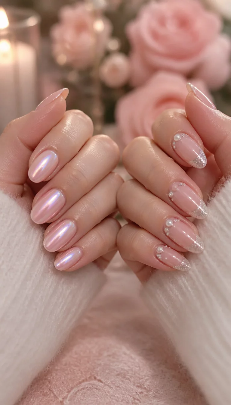 close-up shot of two hands, the left hand shows oval, pearlescent pink nails, the right hand shows almond-shaped French tips with silver glitter and pearl accents, soft focus romantic background.