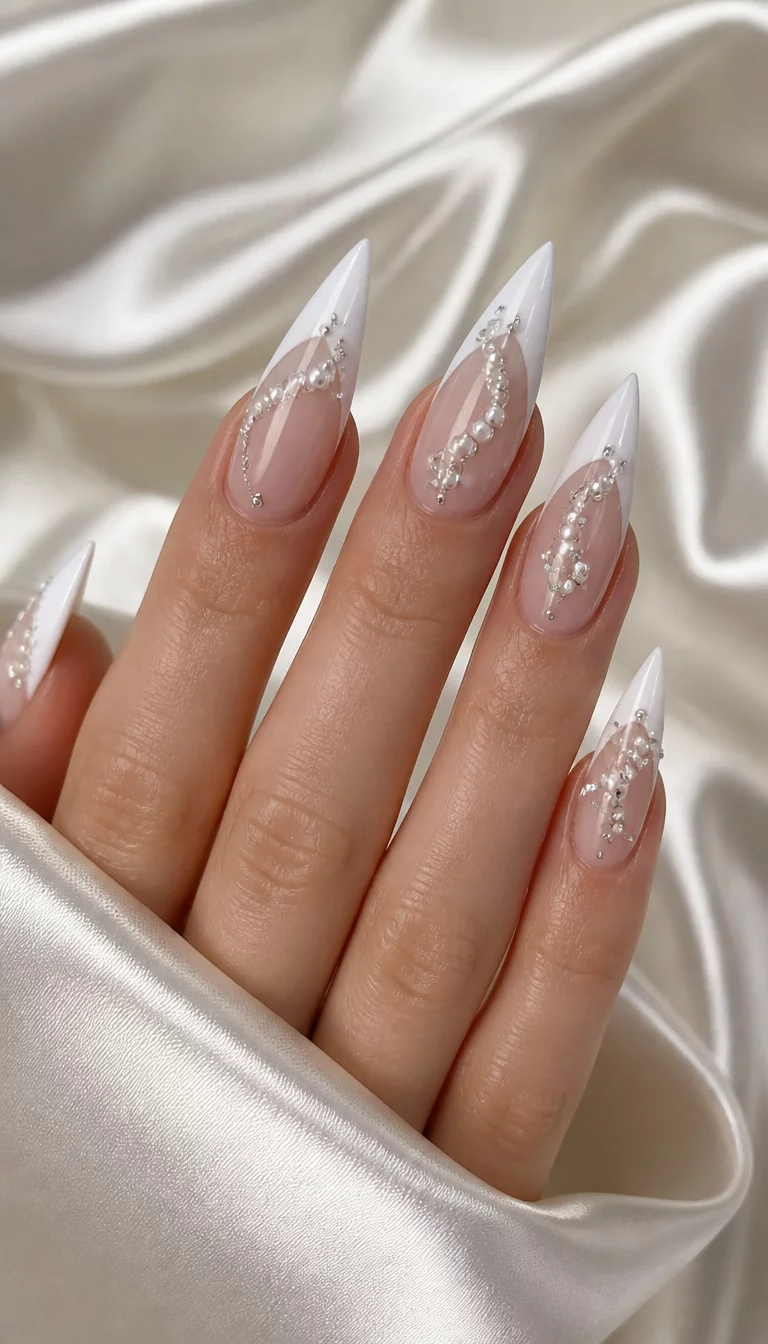 close-up shot of a woman’s hand with five fingers showing long and pointed nails with a sheer base and white French tips adorned with delicate pearl bead designs and silver accents, silk background.