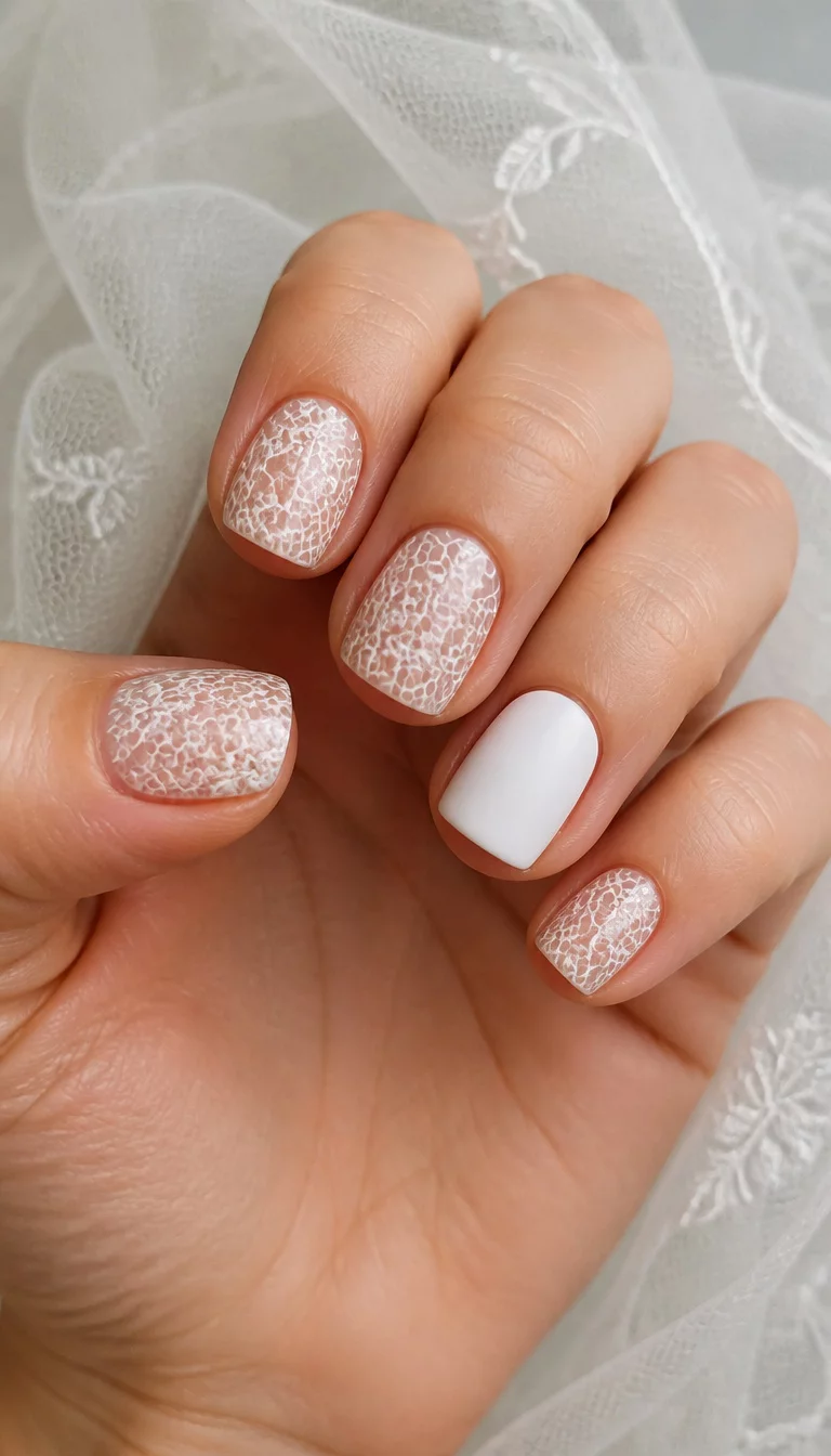 close-up shot of a woman’s hand with five fingers showing short square nails with white lace-inspired decals over a sheer base and one solid matte white nail, bridal veil background.