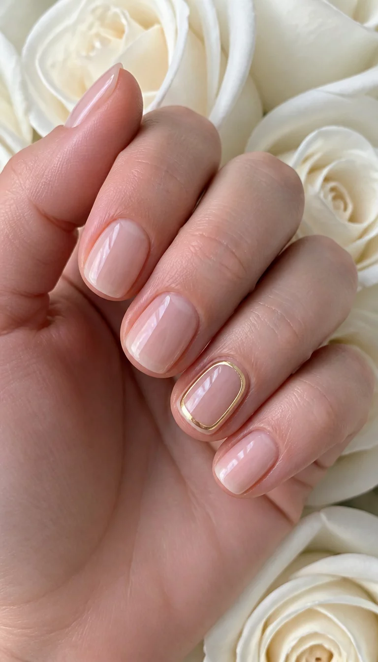 close-up shot of a woman’s hand with five fingers showing short square nails in a sheer translucent light beige color with a subtle gold outline detail on one nail, white rose background.