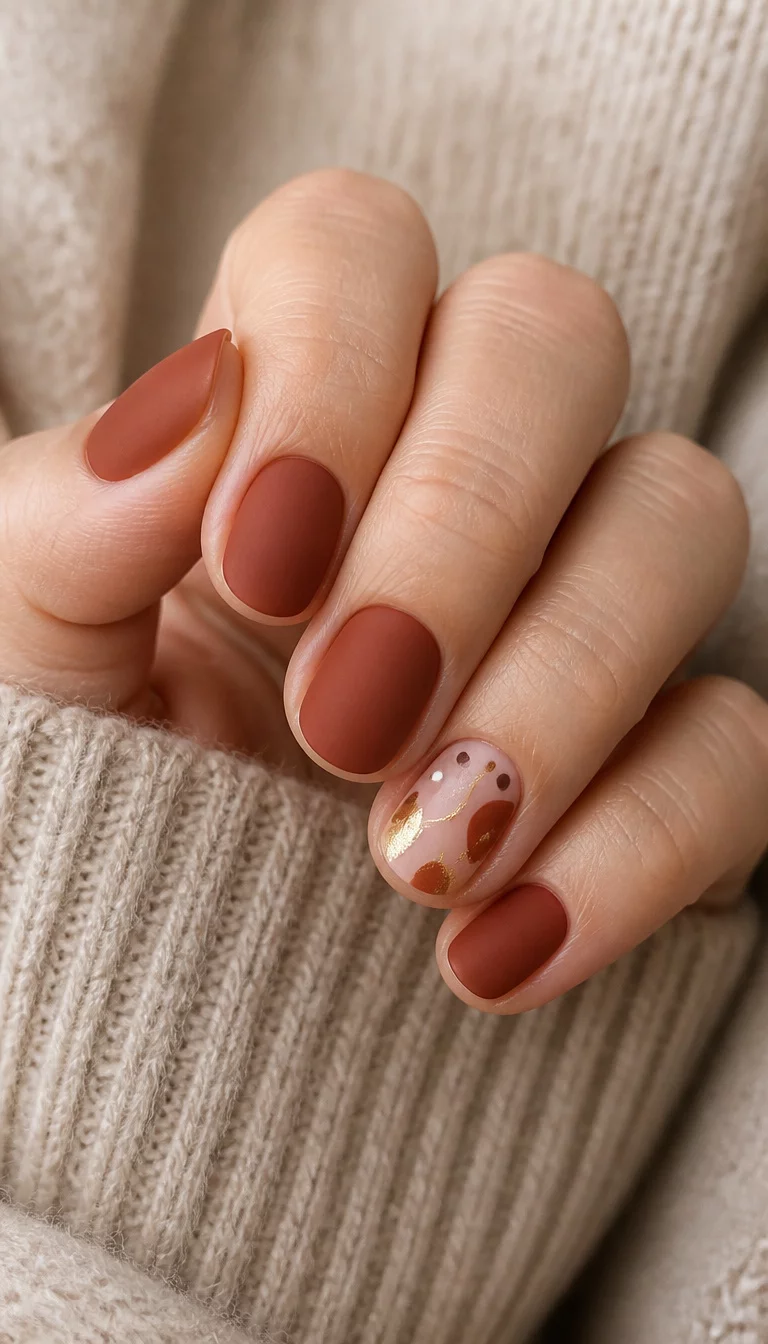 close-up shot of a woman’s hand with five fingers showing short oval nails painted in a matte reddish-brown with one nail featuring abstract art consisting of dots and gold accents, beige sweater background.