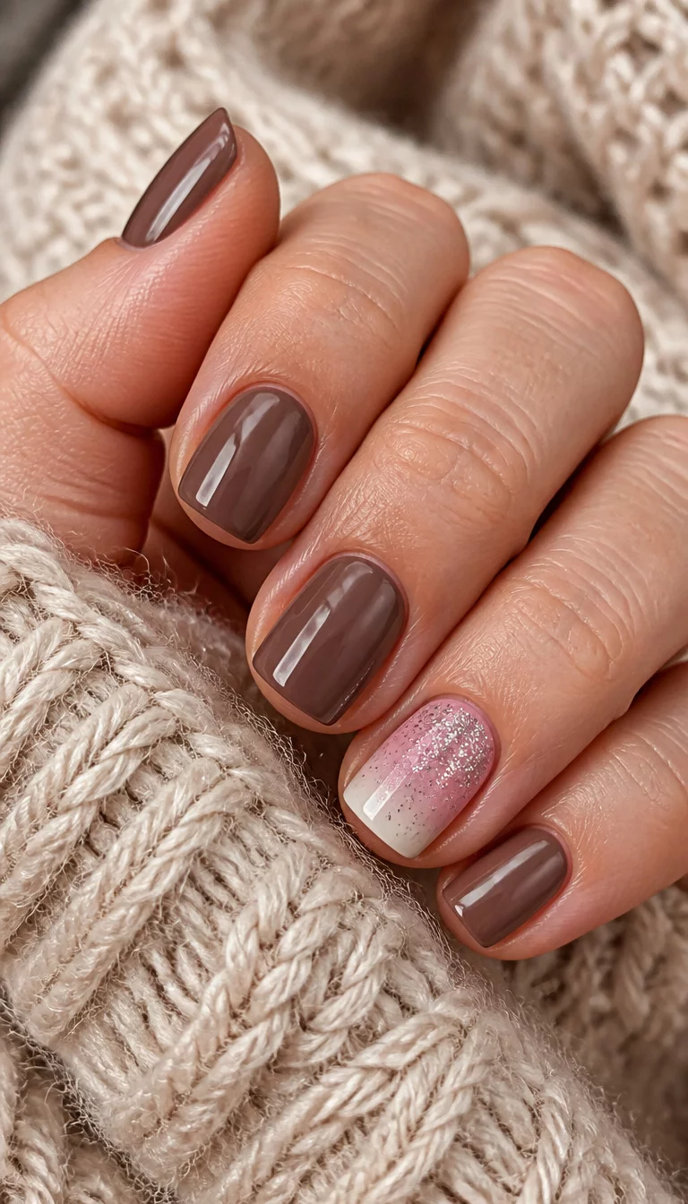 close-up shot of a woman’s hand with five fingers showing short square nails in a medium brown shade with one nail featuring a pink and white gradient with silver glitter, cozy wool background.