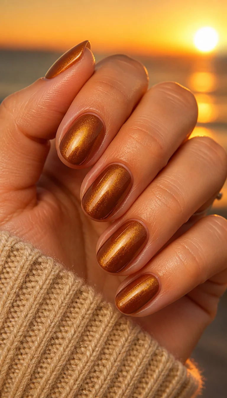 close-up shot of a woman’s hand with five fingers showing oval glossy nails in a rich shimmering bronze color with golden undertones, sunset lighting background.
