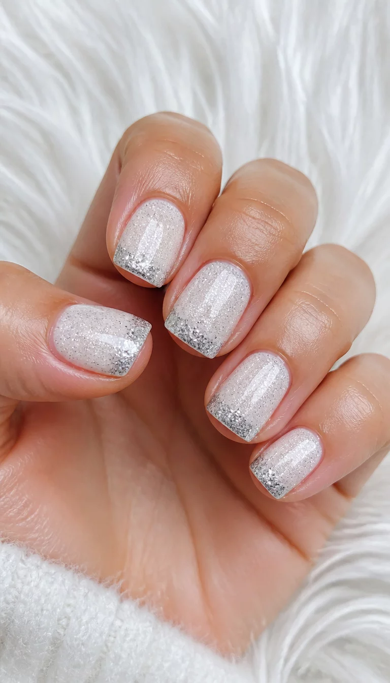 close-up shot of a woman’s hand with five fingers showing short square nails covered in fine white glitter with silver glitter accents on the tips, white fur background.