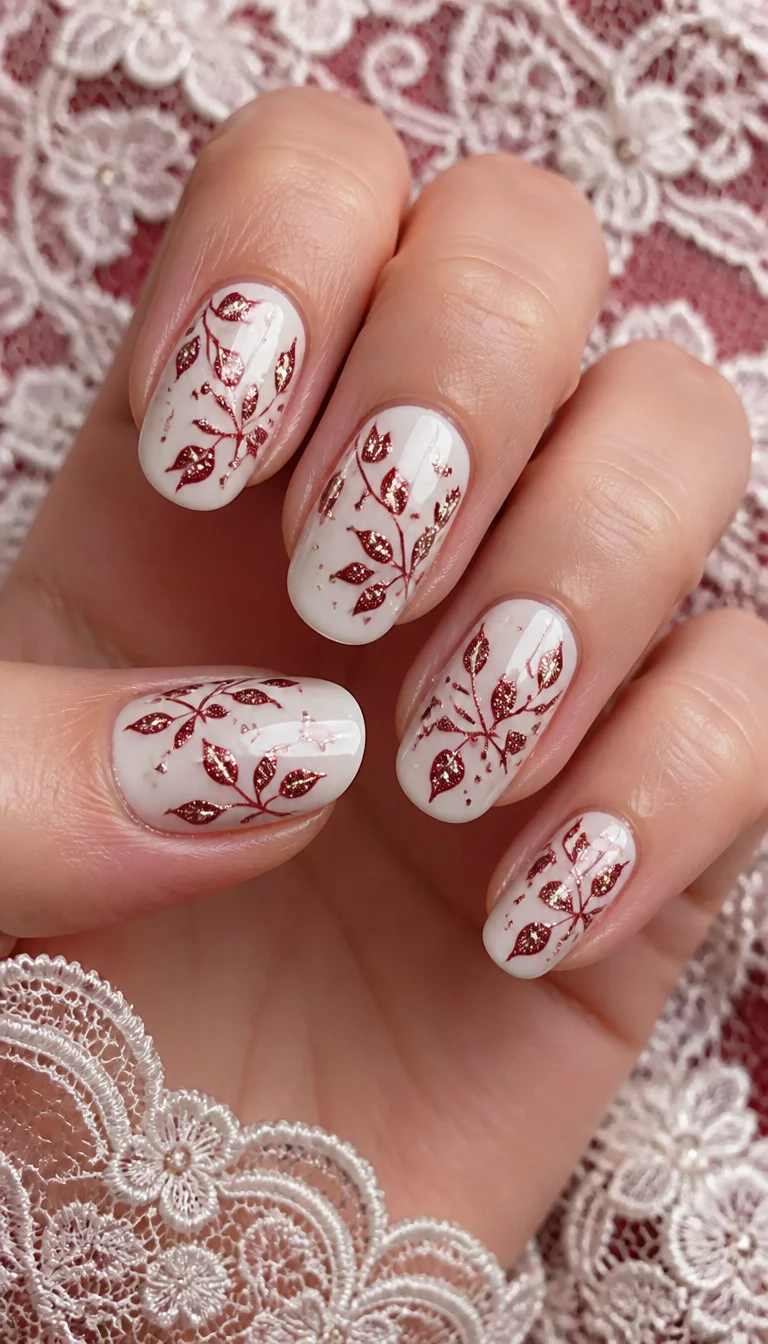 close-up shot of a woman’s hand with five fingers showing oval glossy nails with a white base and a delicate red leaf vine design with glitter accents, floral lace background.