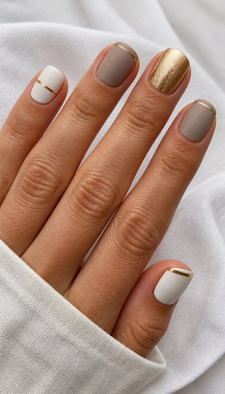 close-up shot of a woman’s hand with five fingers showing short square nails painted in matte white, taupe, and gold, with thin gold lines and a gold stripe at the tips, white linen background.