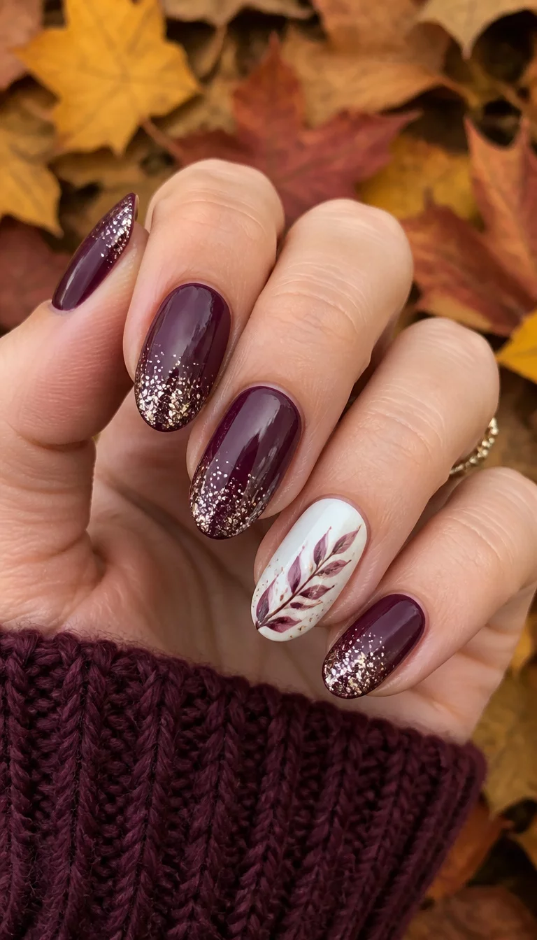close-up shot of a woman’s hand with five fingers showing oval glossy nails in a deep plum color with glitter accents on the tips and one white accent nail with a hand-painted leaf design, fallen autumn leaves background.