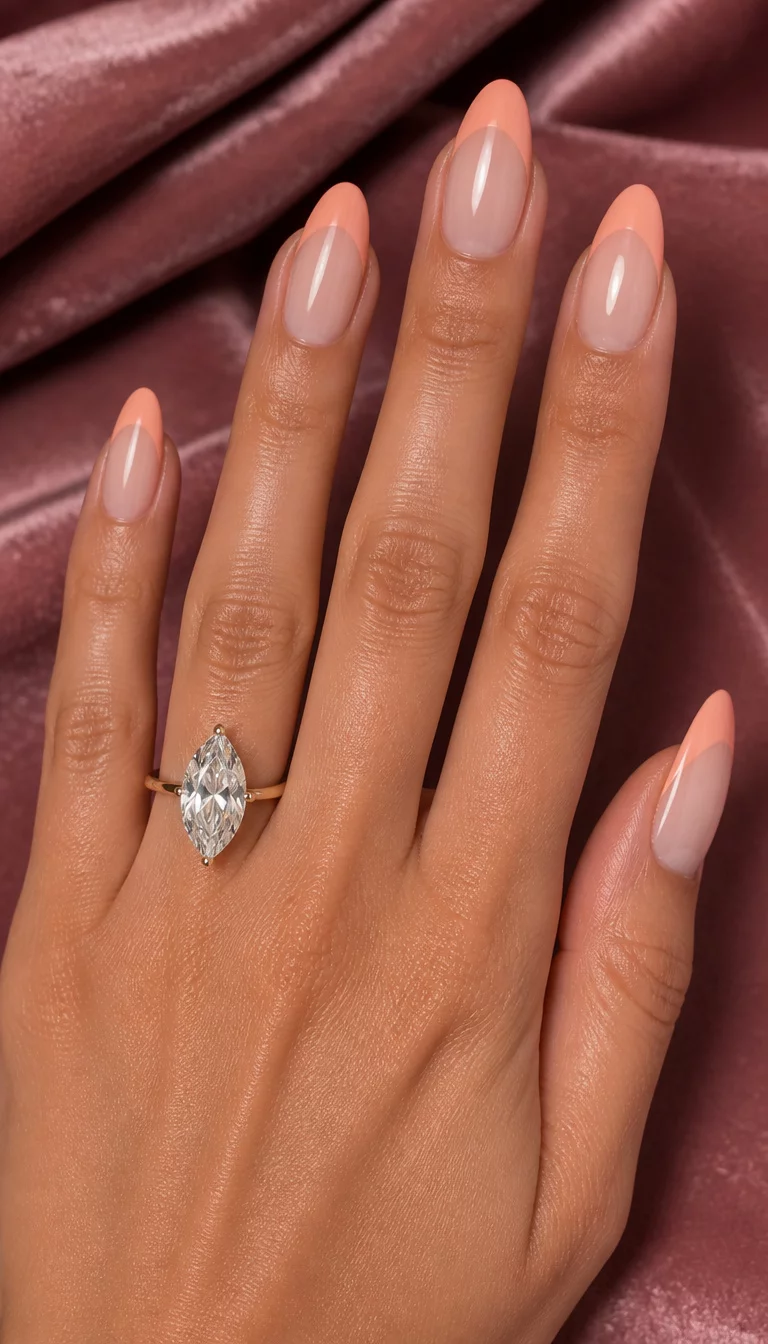 close-up shot of a woman’s hand with five fingers showing long almond-shaped nails with a peachy-pink French tip and a large marquise-cut diamond ring on the finger, velvet background.