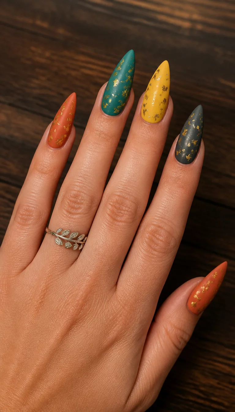close-up shot of a woman’s hand with five fingers showing stiletto-shaped matte nails in deep orange, teal, yellow, and dark gray, with gold leaf speckles, featuring a silver ring on the ring finger, dark wooden background.
