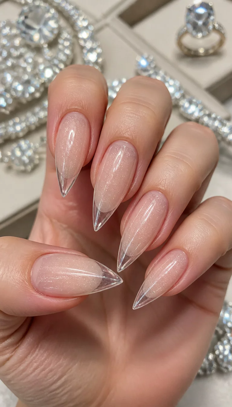 close-up shot of a woman’s hand with five fingers showing long stiletto-shaped nails with a sheer base and very subtle glitter including clear French tips, diamond jewelry background.
