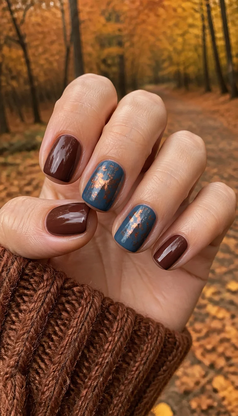 close-up shot of a woman’s hand with five fingers showing short square glossy brown nails with two nails in blue featuring a metallic orange foil accent, autumn forest background.