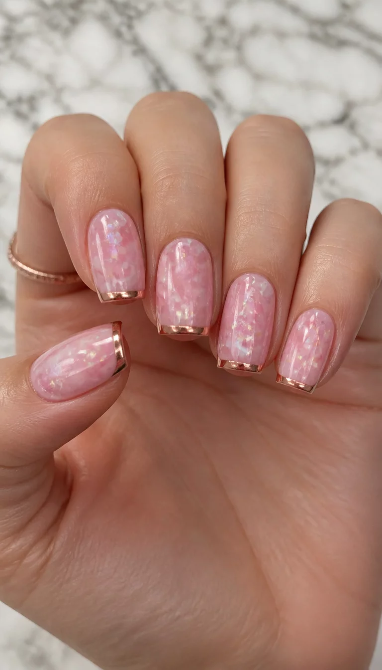 close-up shot of a woman’s hand with five fingers showing rectangular nails with rounded edges featuring a pink marble design with iridescent flakes and thin rose gold bands at the tips, marble tabletop background.