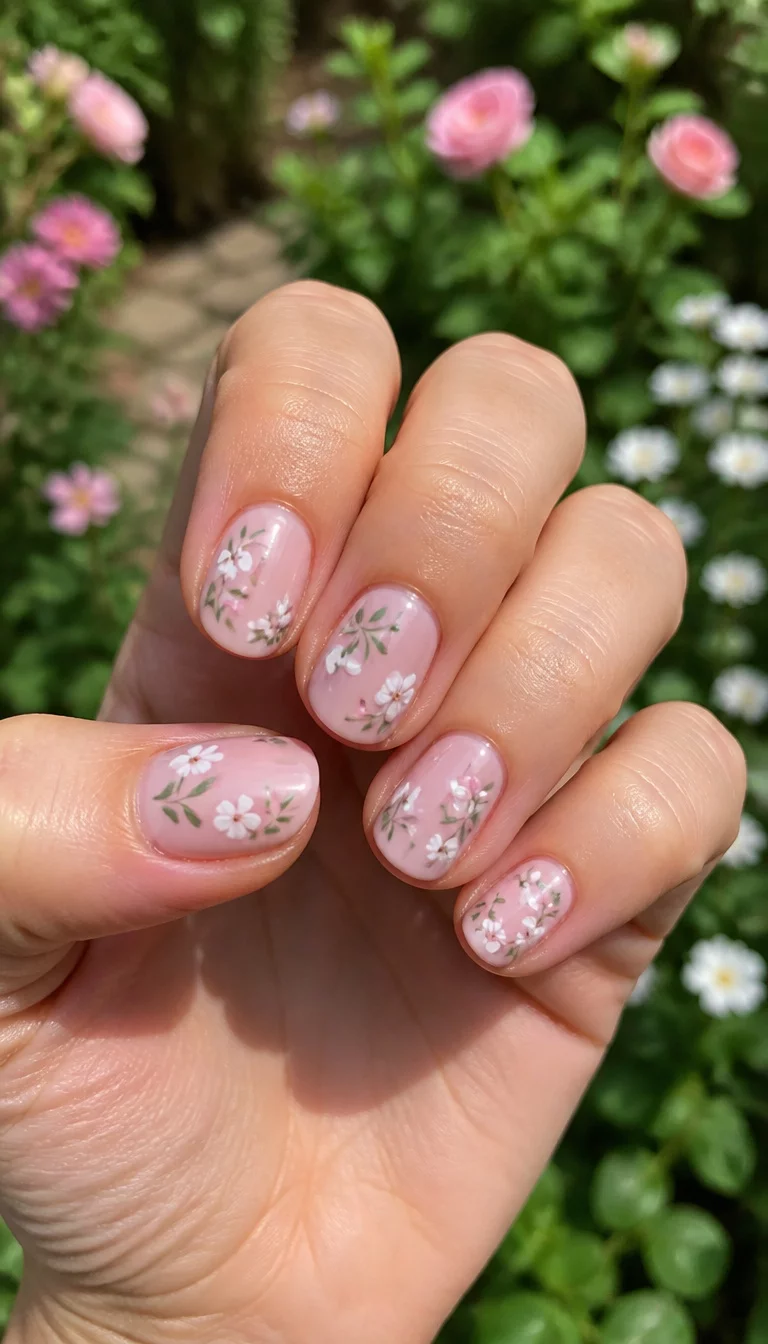 close-up shot of a woman’s hand with five fingers showing short oval nails in a pale pink base adorned with a delicate floral pattern of white and green elements, garden background.