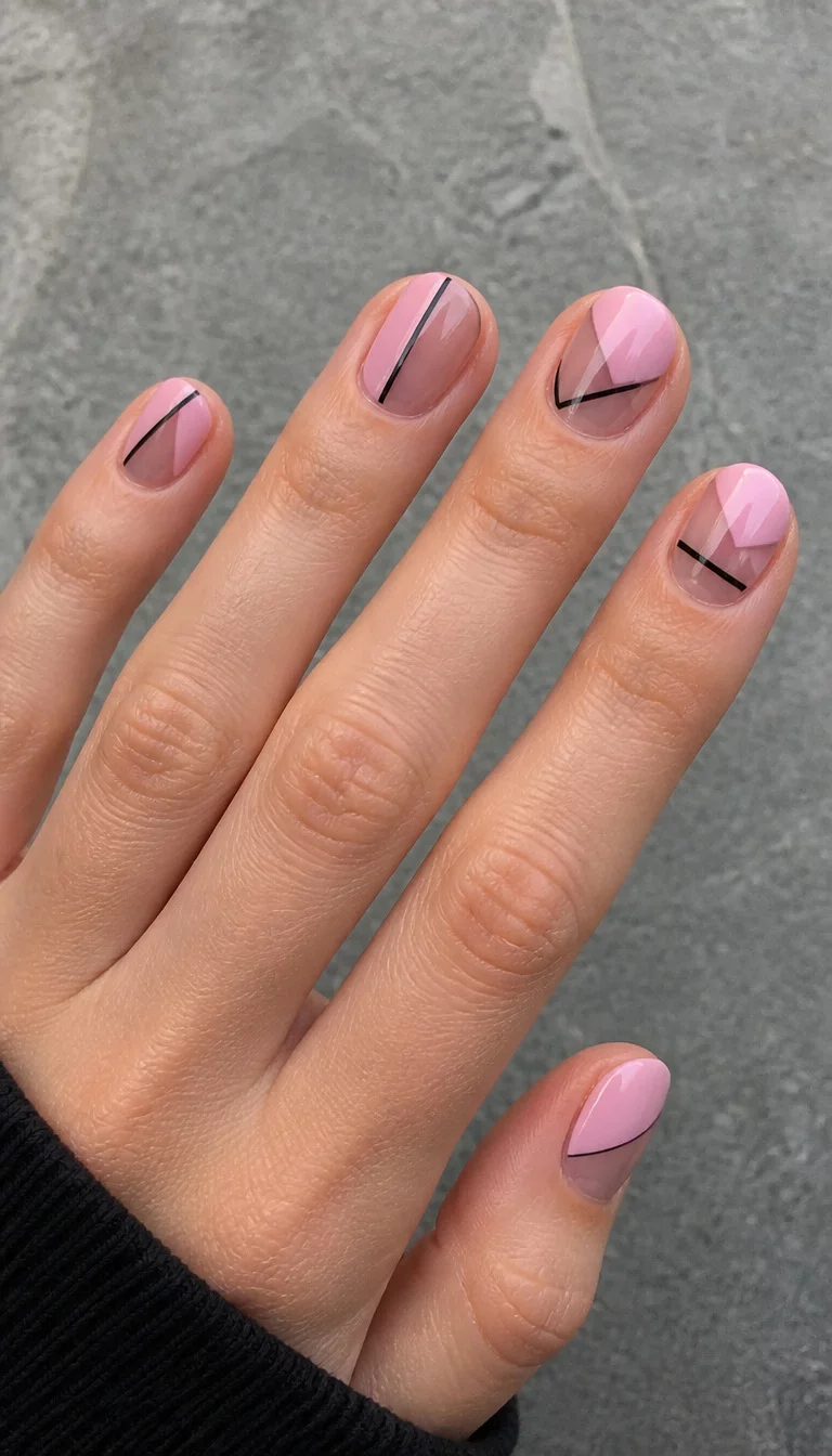 close-up shot of a woman’s hand with five fingers showing short oval nails in soft pink with clear sections and bold black lines forming geometric shapes, gray stone background.