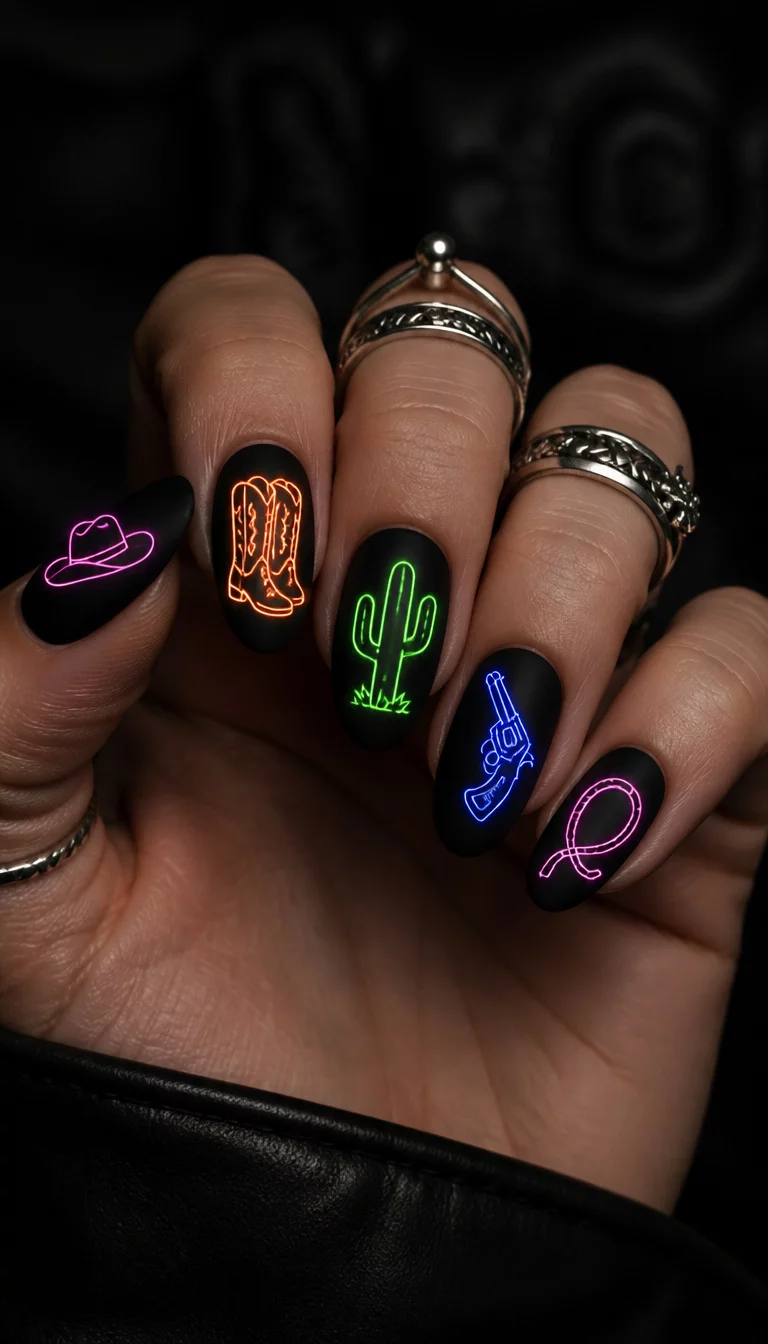 Neon Night Rider close-up shot of a woman’s hand with five fingers showing oval, matte black nails adorned with neon western symbols: a cowboy hat, boots, a cactus, a gun, and a lasso, dark moody background.