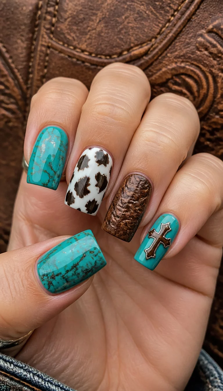 Tooled Leather And Turquoise close-up shot of a woman’s hand with five fingers showing square-shaped nails with a mix of turquoise, cow print, and brown designs, detailed brown leather texture background.